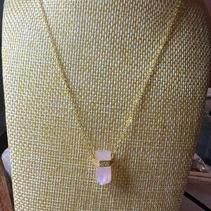 Rose Quartz Hexagon Pendant Necklace 14k Gold Plated Brass